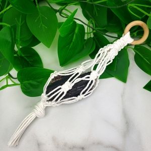 Black Tourmaline Healing Crystal in a Macrame Wall Hanger Decor Protection
